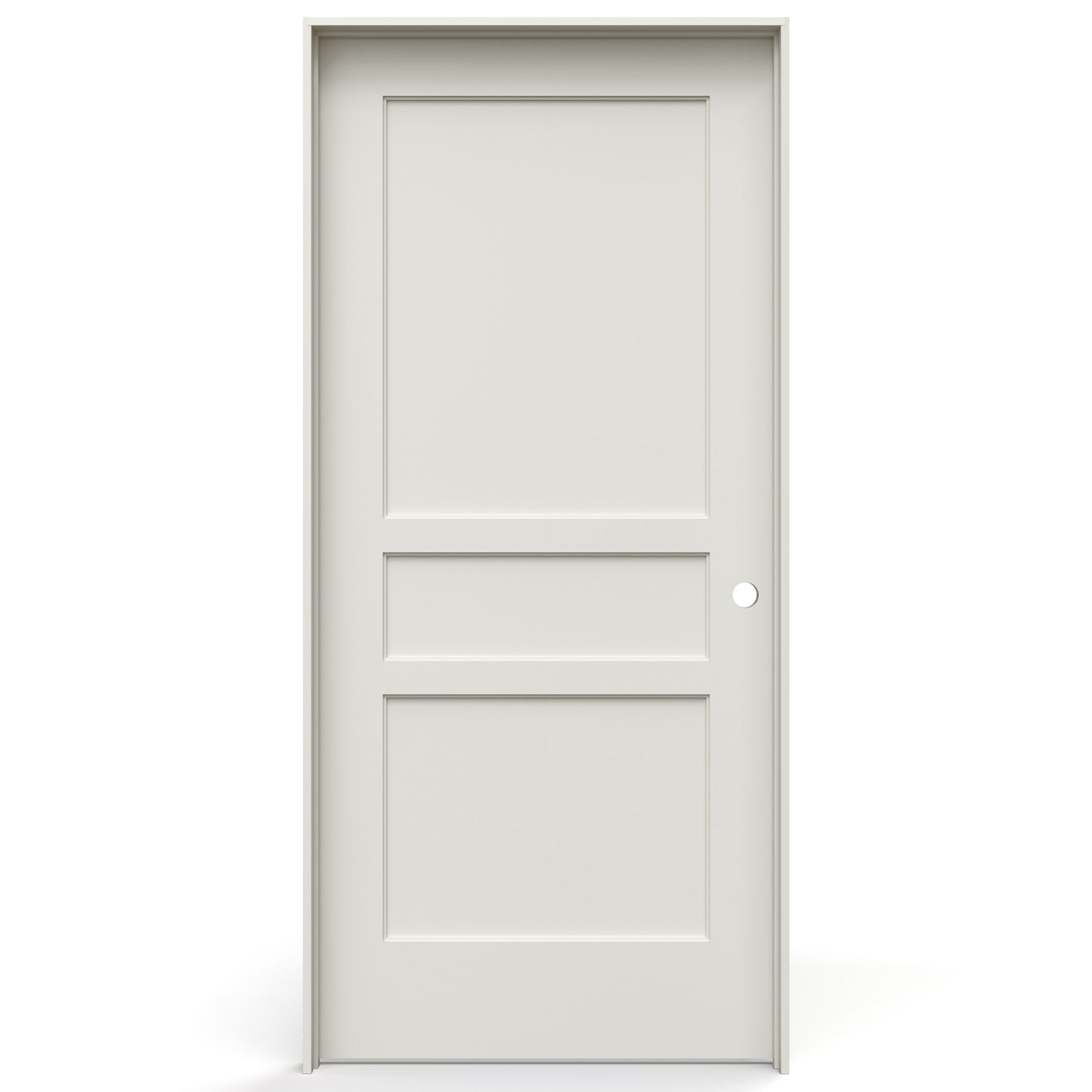 JELD-WEN 36-in x 80-in Primed Solid core 3-panel square Left hand Smooth Primed MDF Flat Jamb Single Prehung Interior Door