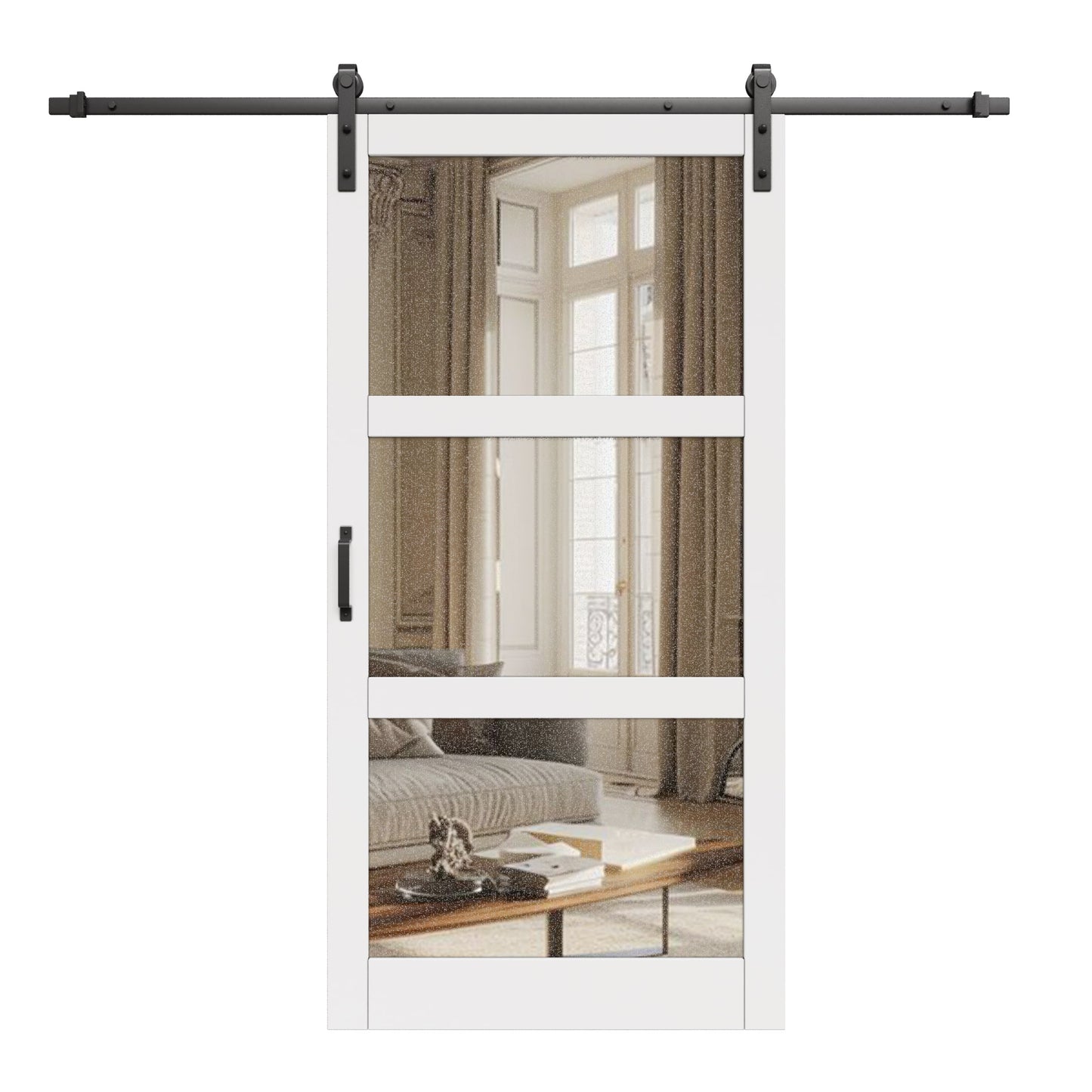 JUJUBON 42-in x 84-in White Mirror/Panel Mirrored glass MDF Solid core Single Barn Door (Hardware Included)