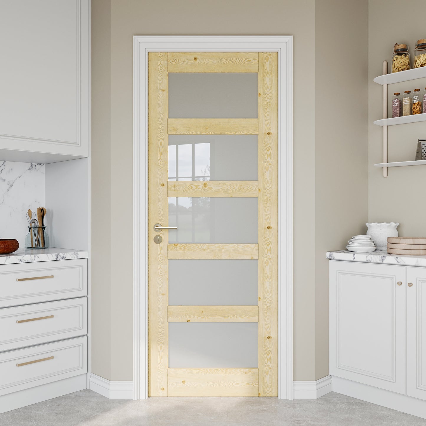 JUJUBON Traditional- 30-in x 80-in Brown 5-panel Frosted glass Textured Solid core Unfinished Pine Wood Slab Door