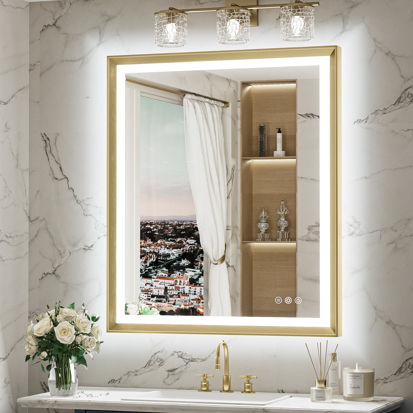 Keonjinn 30-in x 36-in Framed Rectangle Dimmable LED Lighted Fog Free Bathroom Vanity Mirror ( Brushed Gold )