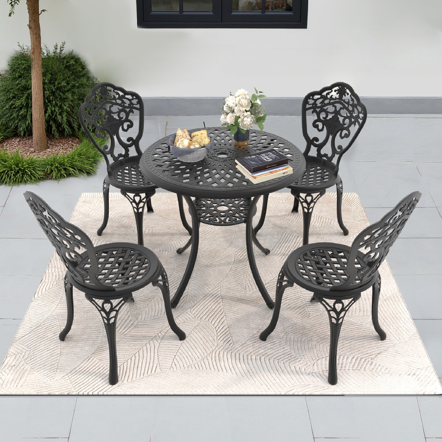 nicesure 5 -Piece Black Patio Dining Set Aluminum Round Table with 4 Stationary Chairs