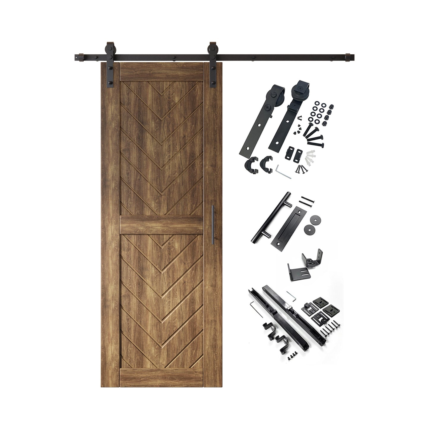 HOMACER 30-in x 80-in Dark Walnut Herringbone Pine Wood Solid core Single Barn Door (Hardware Included)