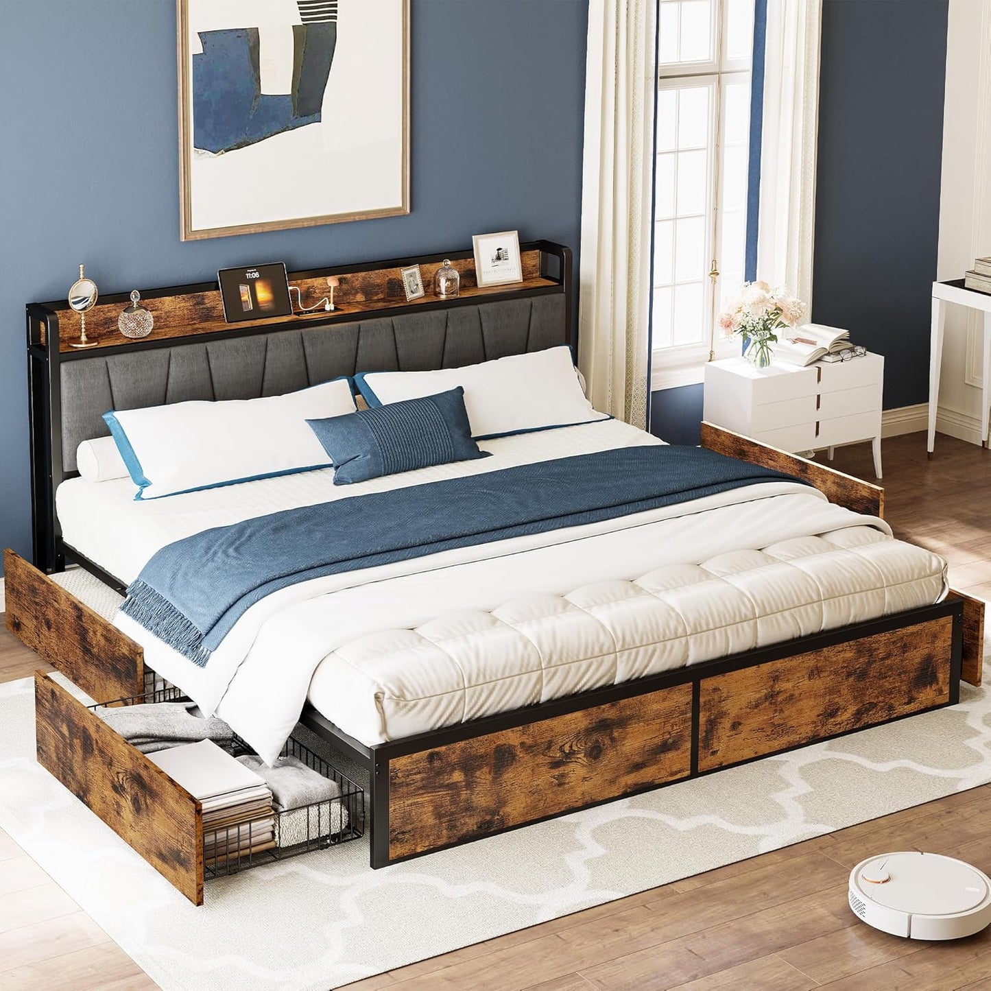 Likimio 74-in W Vintage Brown and Gray California King Bed Frame with 4 Storage Drawers and Charged Headboard