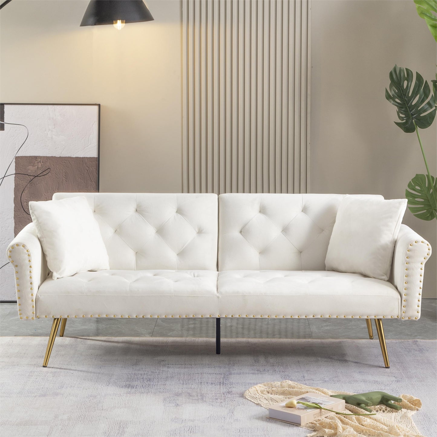 71 inches Convertible Futon Sofa Bed,Modern Reclining Futon Loveseat Couch Sleeper Sofa with 2 Pillows Sleeper Sofa for Living Room,Beige