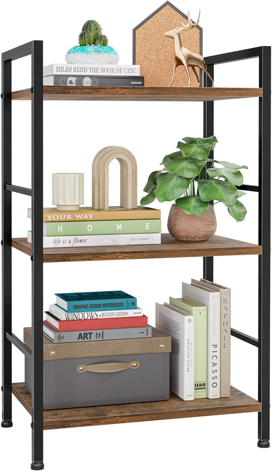 Kitsure 3-Tier Book Shelf - Wood & Metal Bookshelf with Handle & Adjustable Feet, Lightweight Bookcase for Living Room, Bedroom, Kitchen, Office or Dorm (16.5"×11.0"×28.1")