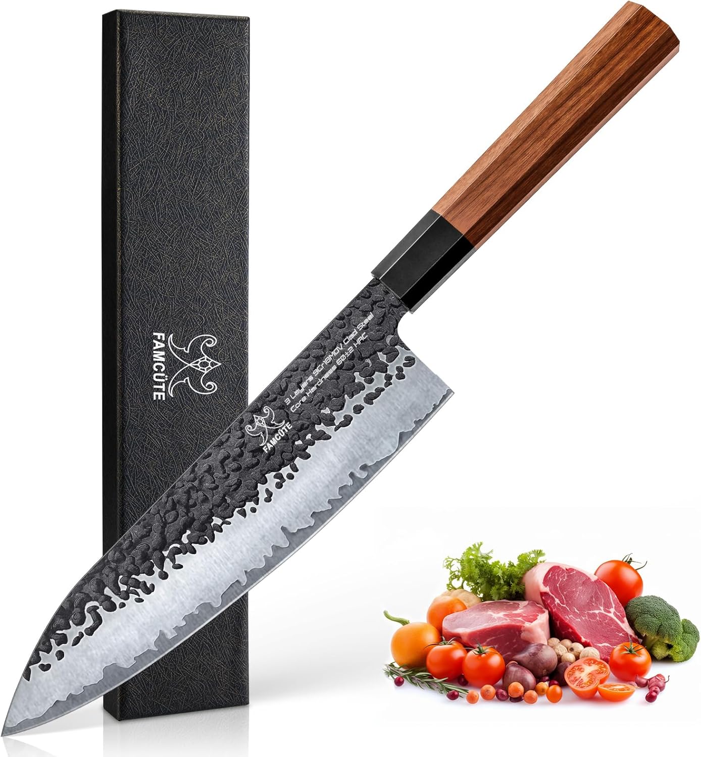 FAMCÜTE 8 Inch Japanese Knife, Hand Forged 5 Layers High Carbon 9CR18MOV Steel Rosewood Handle Chef Knife, Ultra Sharp Durable Professional Kitchen Knife, A Thoughtful Birthday Gifts for Mom\/Dad