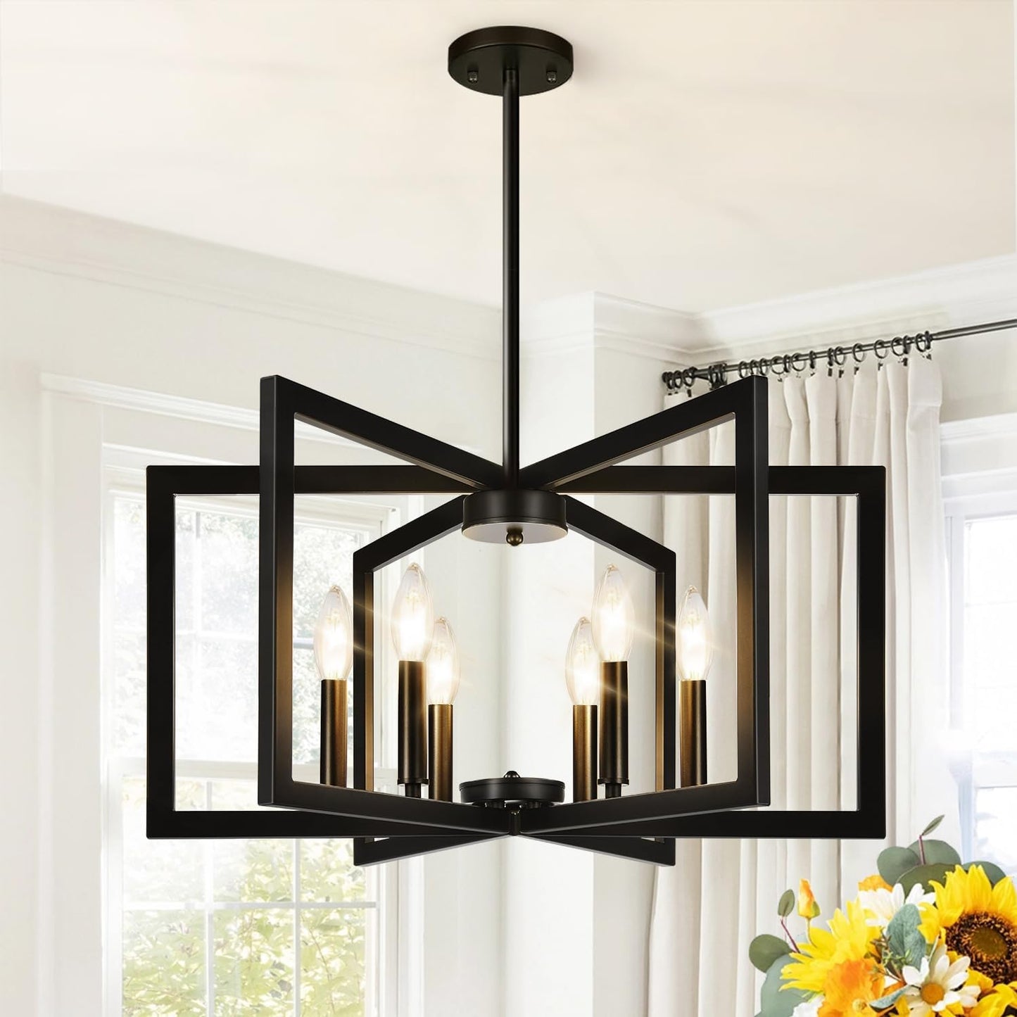 25" Modern Black Chandelier for Dining Room (6-Light, 25-Inch), Geometric Black Dining Room Light Fixture Over Table, Industrial Metal Hanging Pendant Lights for Kitchen Island, Entryway, Foyer