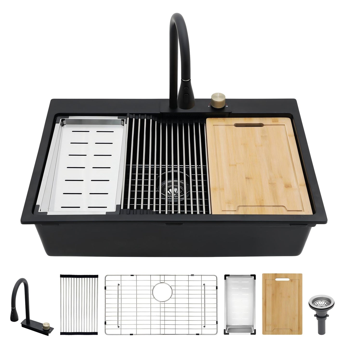 Lordear Drop-in 33-in x 22-in Quartz Single bowl Workstation Kitchen Sink All-in-One Kit