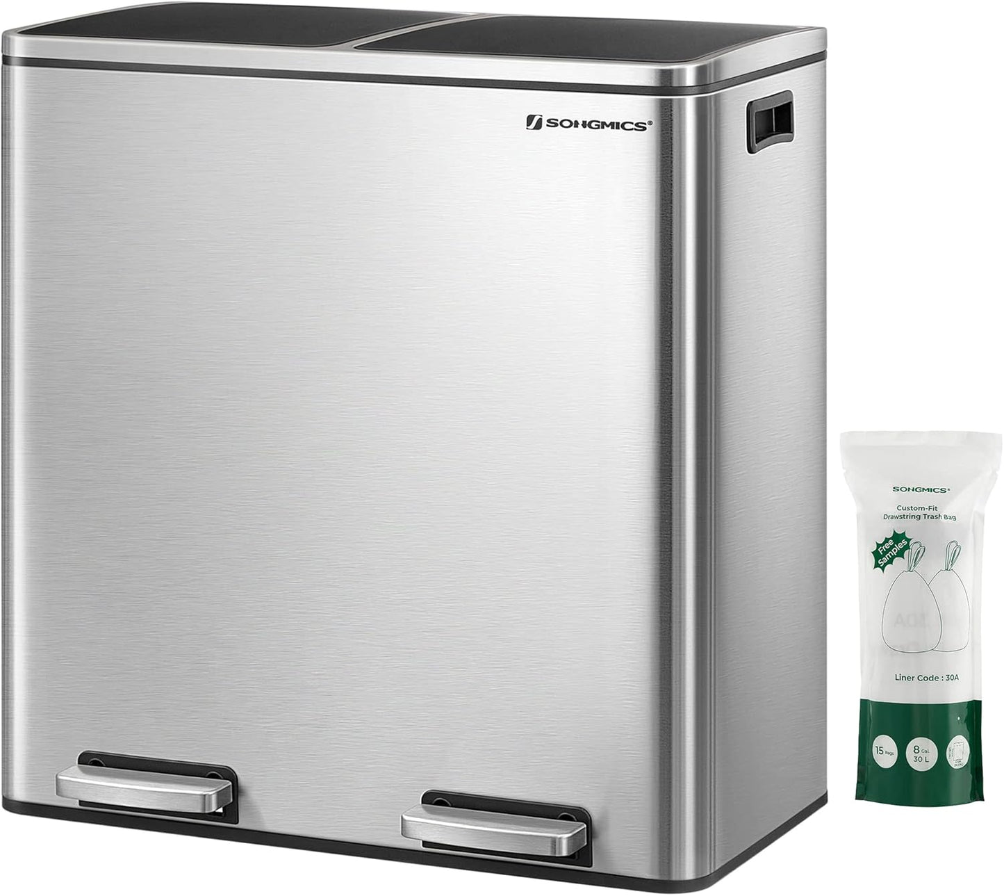 SONGMICS Trash Can, 2 x 8 Gallon (2 x 30 L) Garbage Can for Kitchen, with 15 Trash Bags, 2 Compartments, Plastic Inner Buckets and Hinged Lids, Airtight, Silver and Black ULTB60NL