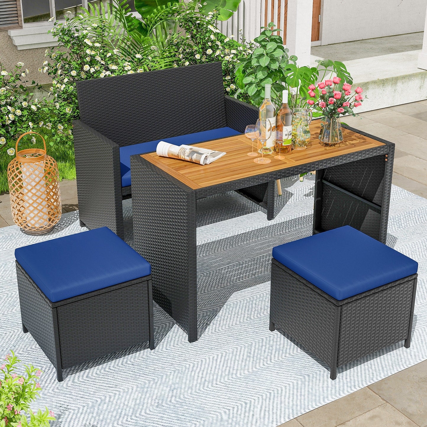 LIVIZA 4 -Piece Black Rattan Patio Dining Set Wood Rectangle Table with 1 Blue Cushions Stationary Chairs