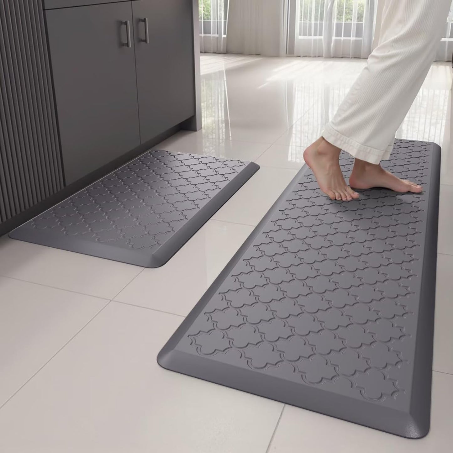 StepAura Kitchen Mats for Floor 2 Piece - Anti Fatigue Mats for Kitchen Floor - Non Slip Cushioned Rugs for Standing, Office, Sink, Laundry, Grey