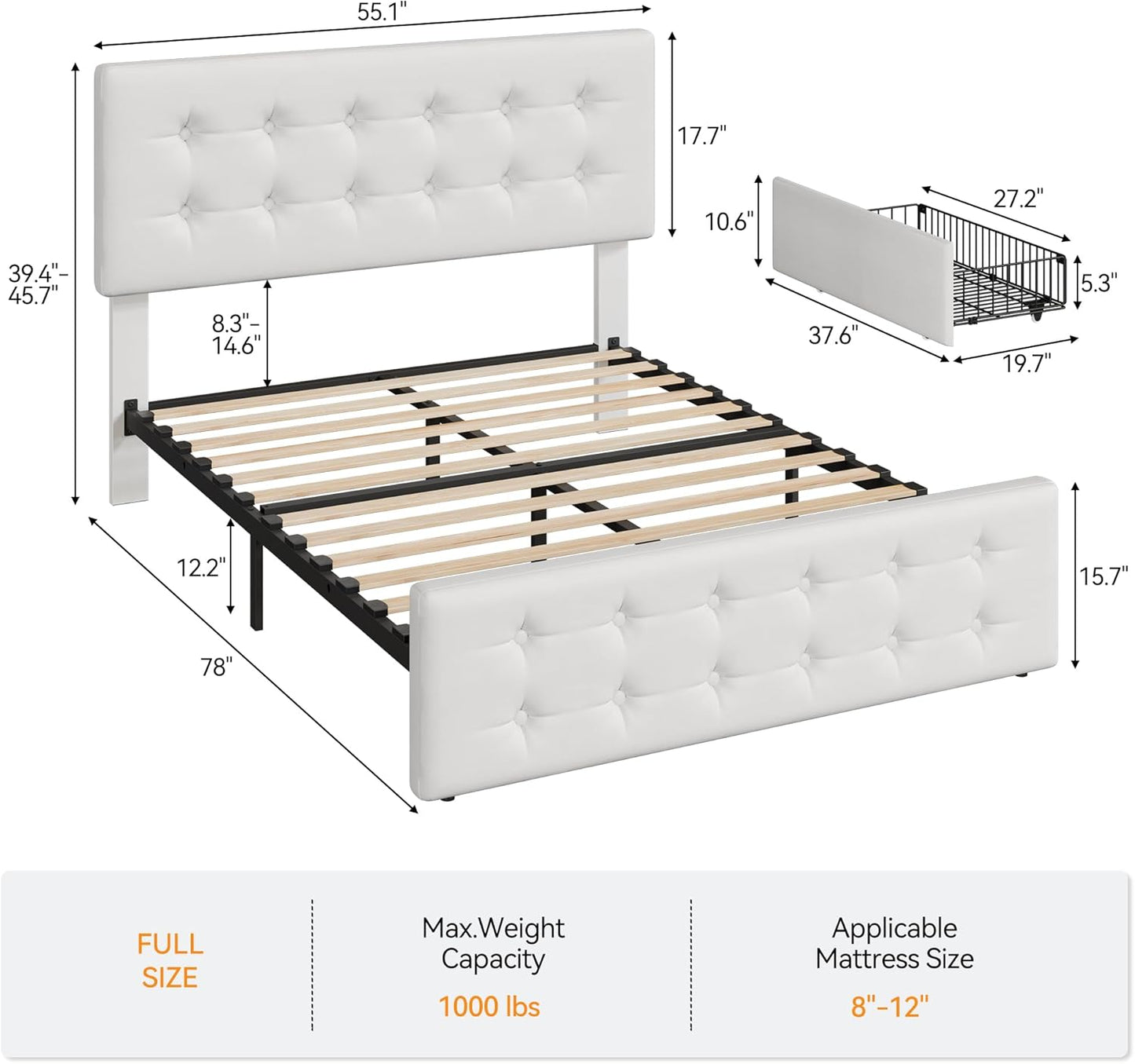 Garvee Full Size Upholstered Bed Frame with 4 Storage Drawers Adjustable Headboard Wood Slats Beige No Box Spring Needed