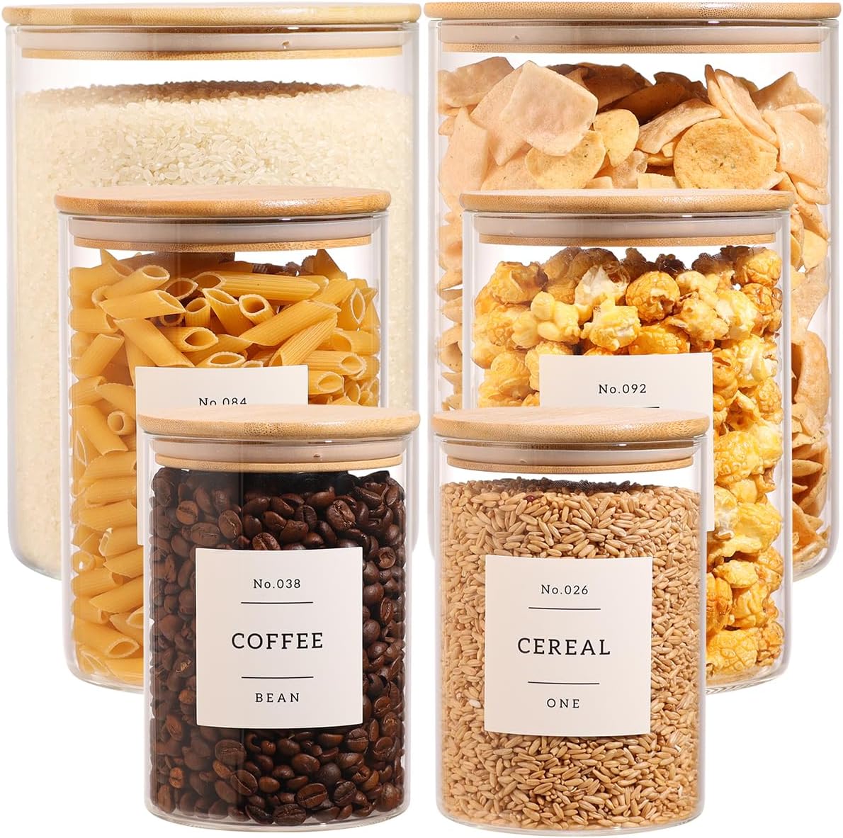 6-Pack Borosilicate Glass Storage Jars with Bamboo Lids + 132 Pre-Printed Pantry Labels Included, BPA-Free Thicken Airtight Containers for Flour, Sugar, Rice, Microwave & Freezer Safe(100OZ\/54OZ\/27OZ)