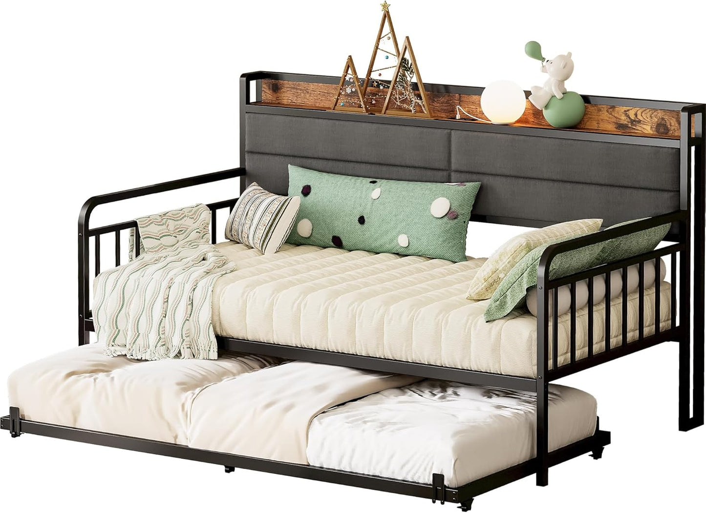 Likimio 38.9-in W Black Twin XL Size Bed Frame with Upholstered Headboard and Charging Station