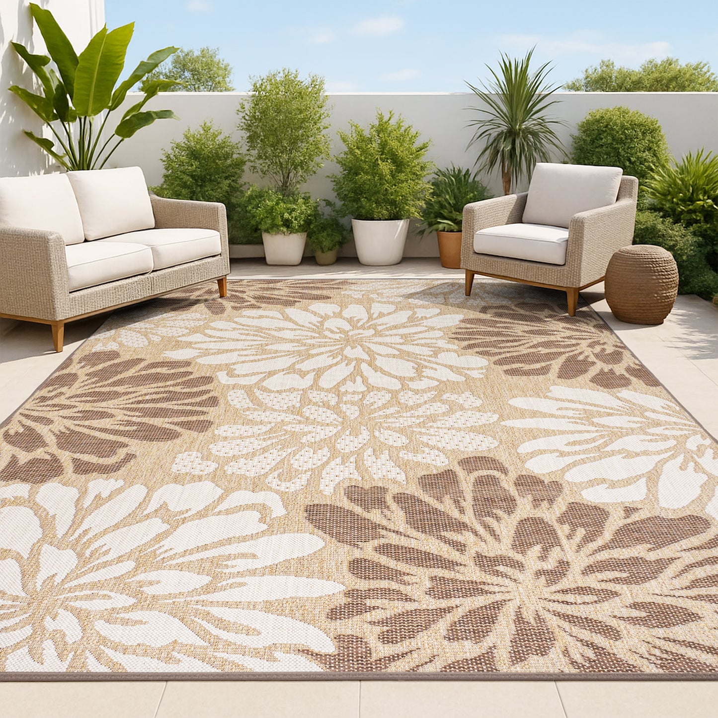 JONATHAN Y SANTA MONICA Zinnia Modern Floral Textured Weave 10 x 14 (ft) Loomed Polypropylene Brown/Cream Rectangular Indoor/Outdoor Floral/Botanical Bohemian/Eclectic House Wahable Pet Friendly Area rug