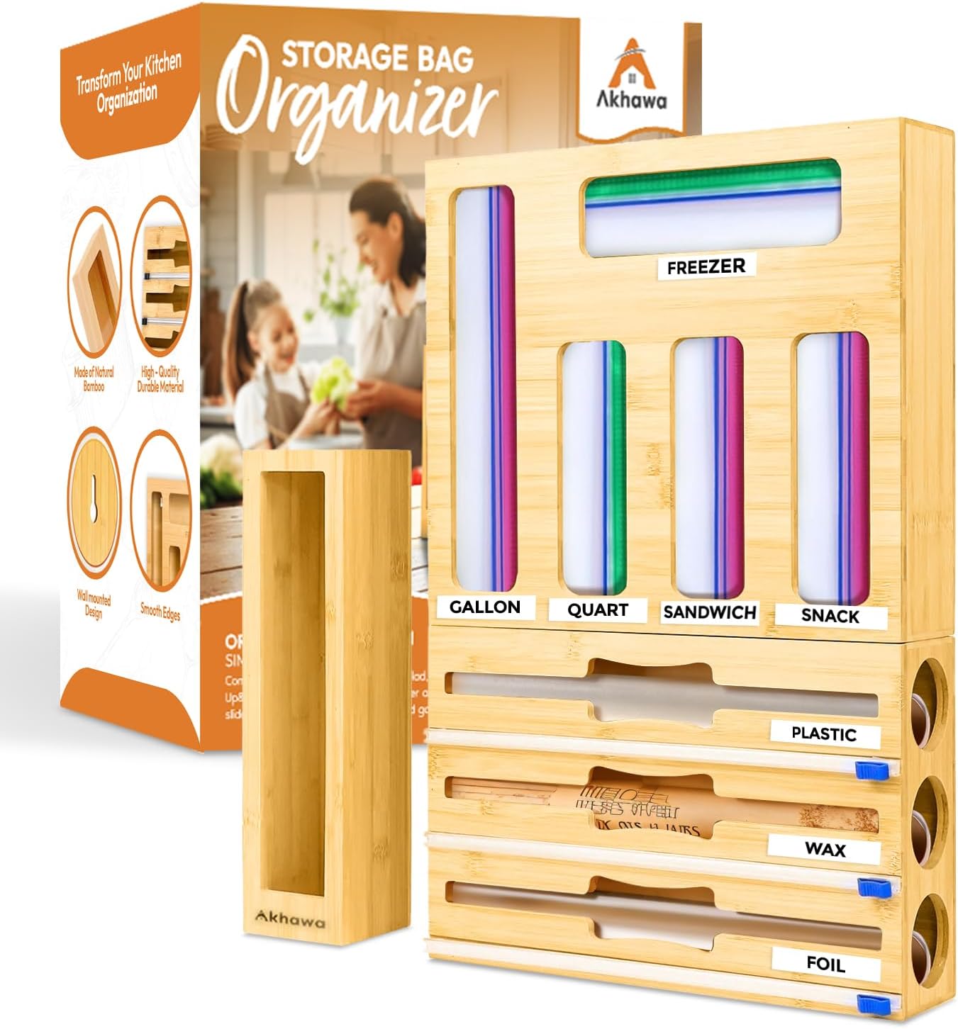 Storage Bag Organizer for Kitchen Drawer and Wall - 9 in 1 Baggie Organizer for Foil and Plastic Wrap with Cutter - Measure Drawer Height Before Purchasing