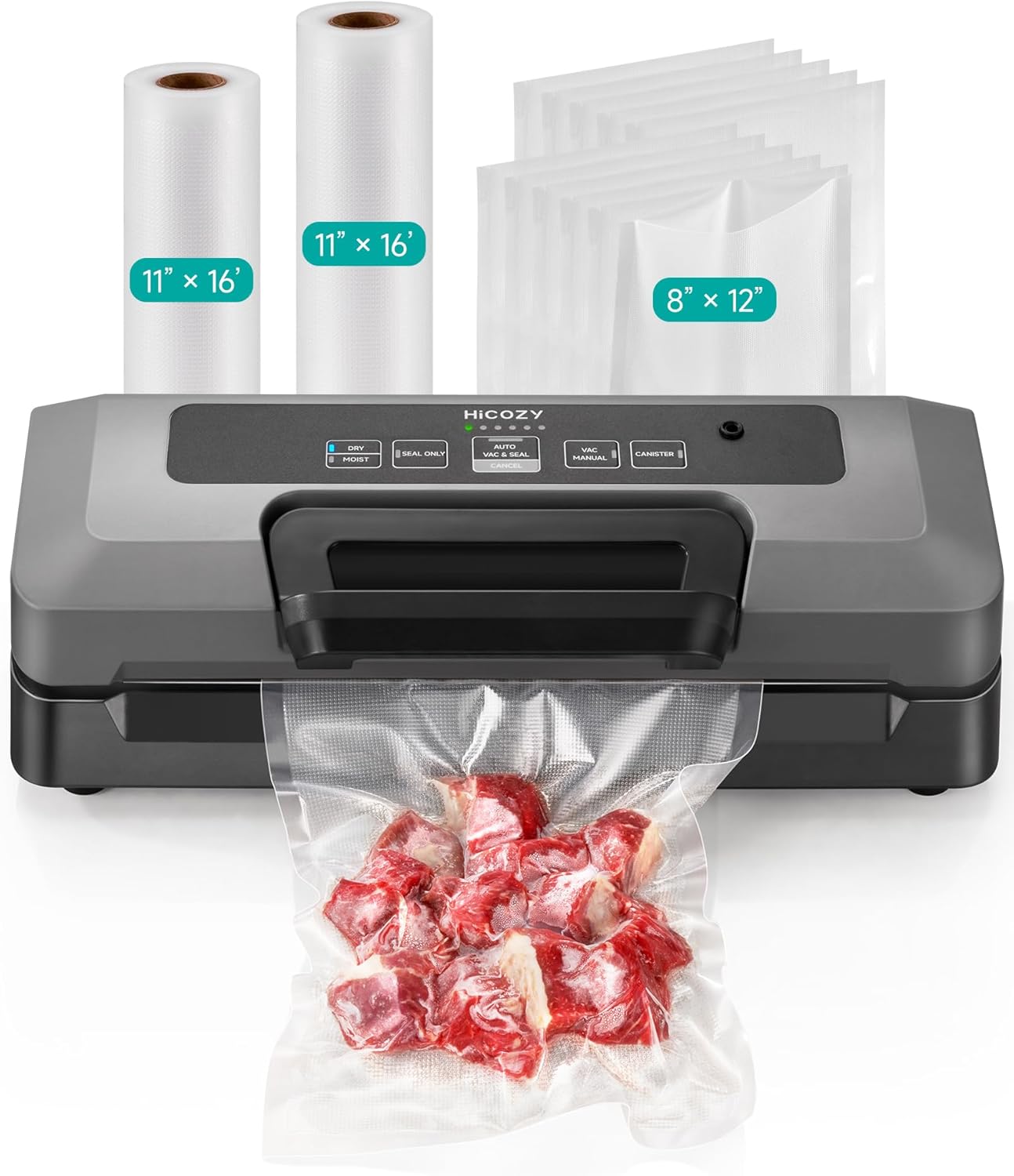 HiCOZY Vacuum Sealer for Food, Powerful Heat Food Sealer, Dry Moist 7-1 Multiple Automatic Modes, Easy-Lock Handle, Compact Design with 10 Vacuum Bags & 2 Bag Rolls, Bag Cutter Included, Space Gray