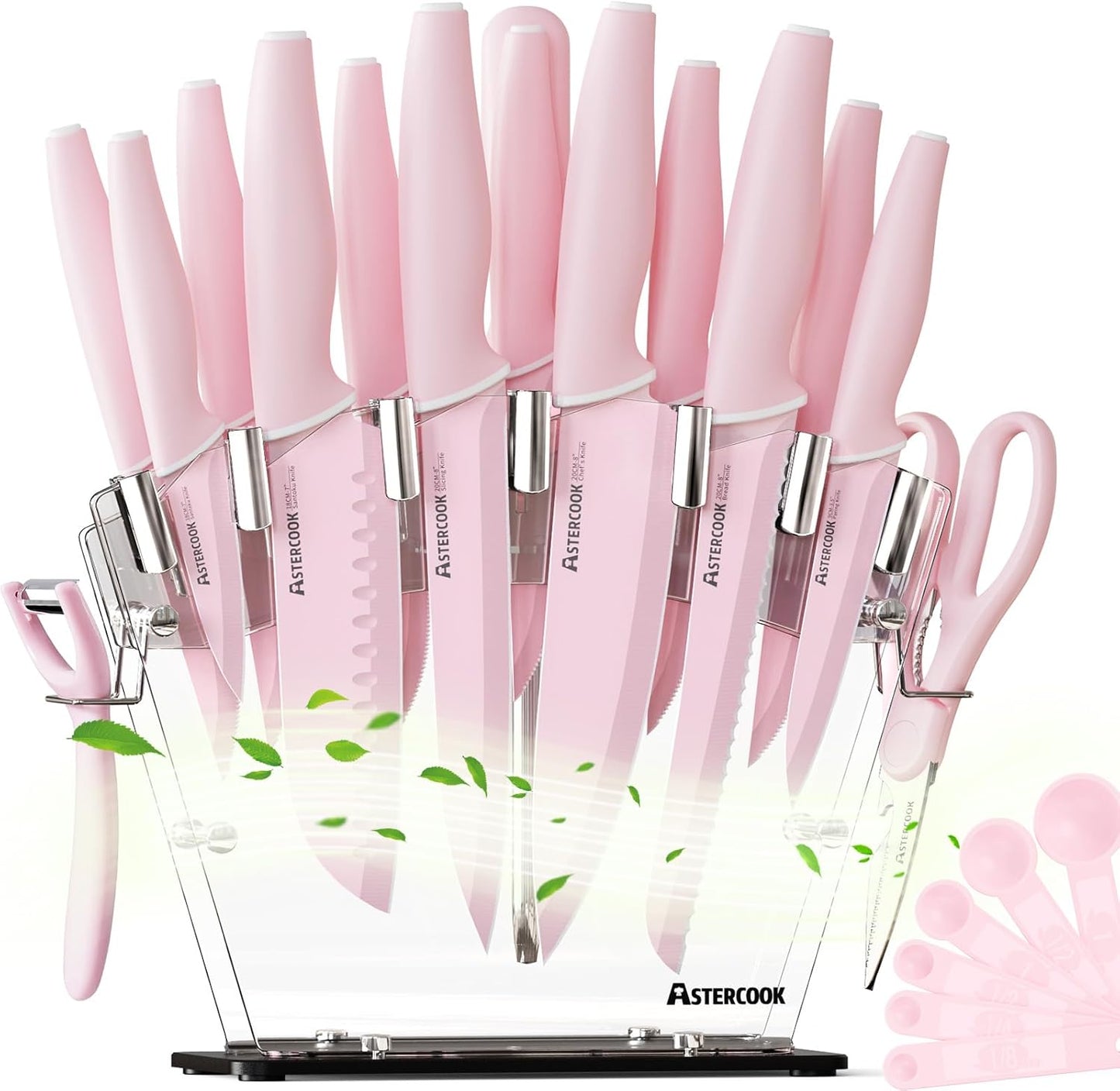 Astercook Kitchen Knife Set with Block and Sharpener 22 Piece German High Carbon Stainless Steel Knives Sharp Blade Dishwasher Safe Knife Set with Anti-slip Ergonomic Handle, Crystal Pink