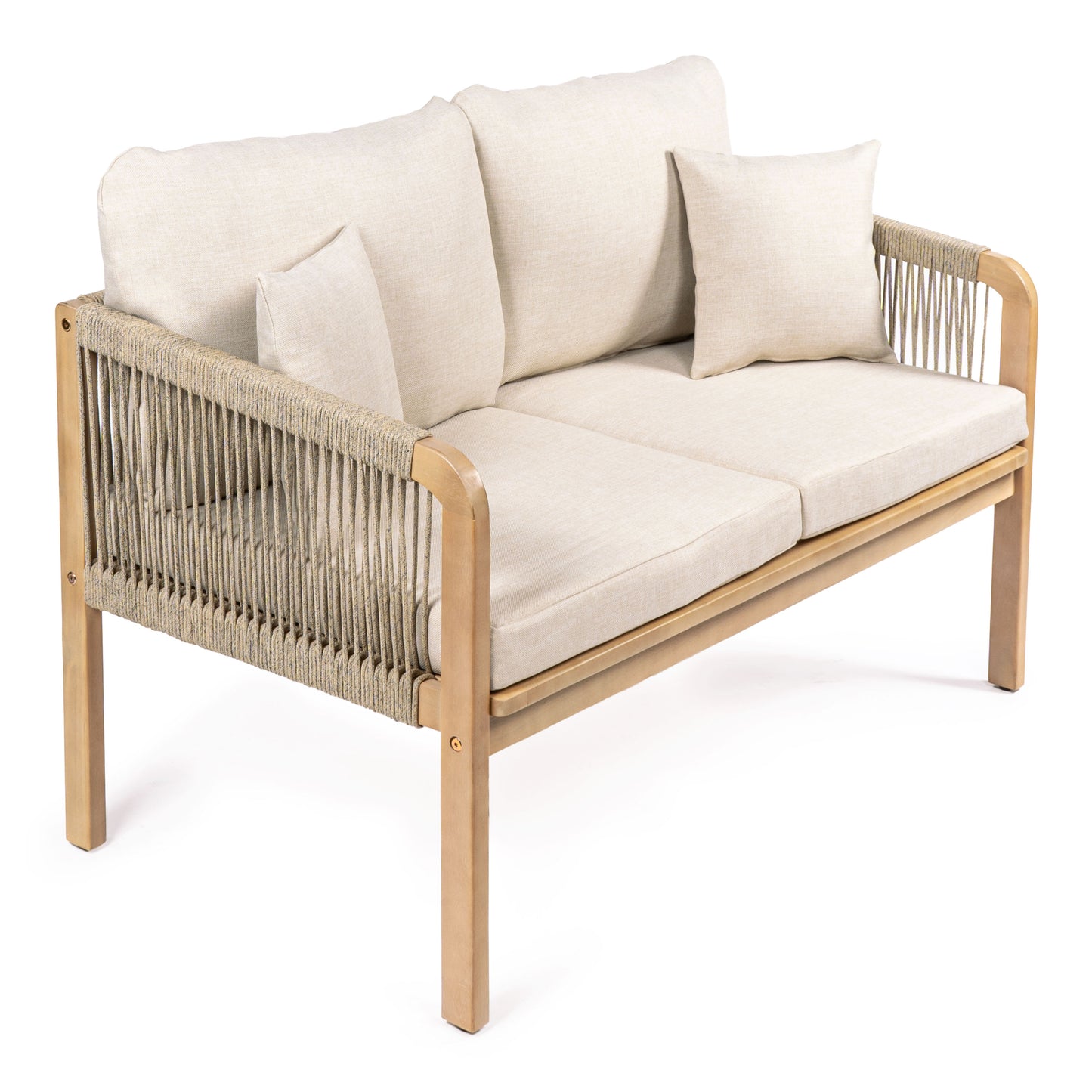 JONATHAN Y Arwen Roped Acacia Modern Bohemian Outdoor Loveseat with Beige Cushions and Wood Frame