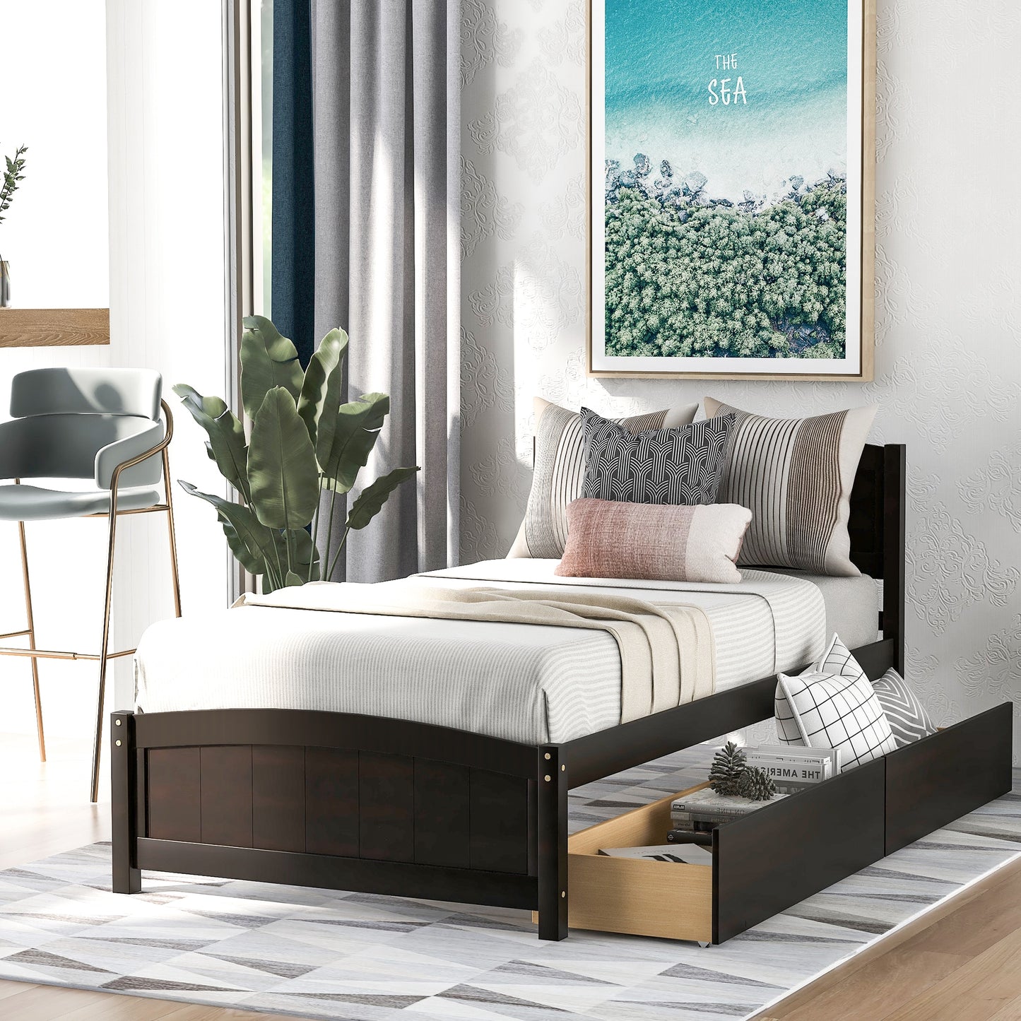 ModernLuxe Twin size Platform Bed with Two Drawers Espresso
