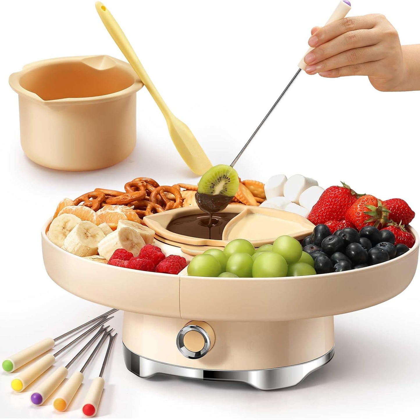 Chocolate Fondue Pot Set Electric Melting Machine, 4-Cup Capacity 4 Trays 5 Forks 1 Spatula Cheese Warmer, Ideal Gift for Couple Family & Date Night Idea House Warming Holidays Essentials