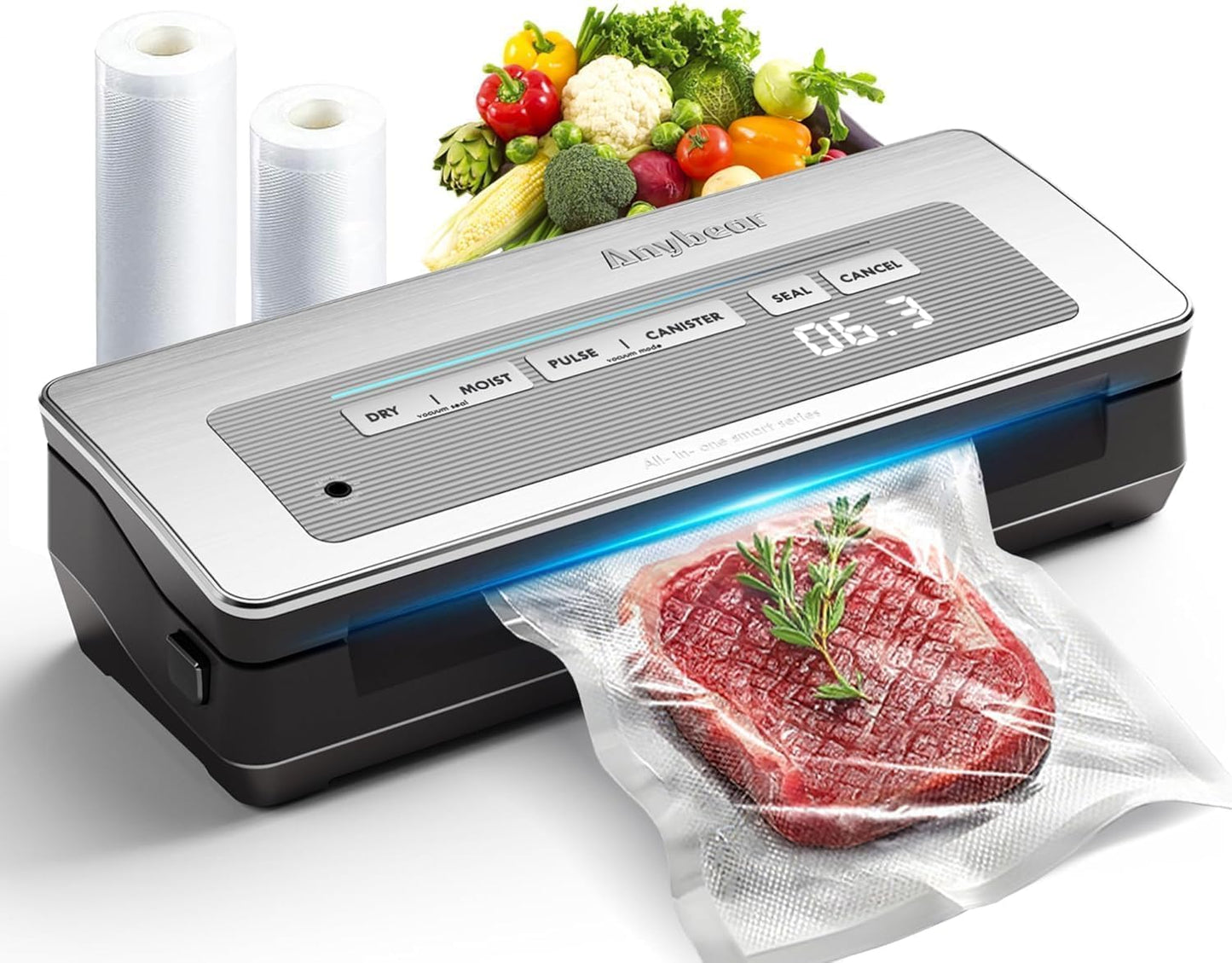Vacuum Sealer Machine, 90kPa 120W Powerful Food Sealer Build-in Cutter and Bag Storage, Digital Countdown Display, Dry&Moist Mode, Wide Seal, 2 Bag Rolls & 5 Pre-Cut Bags for Food Saver (Silver)