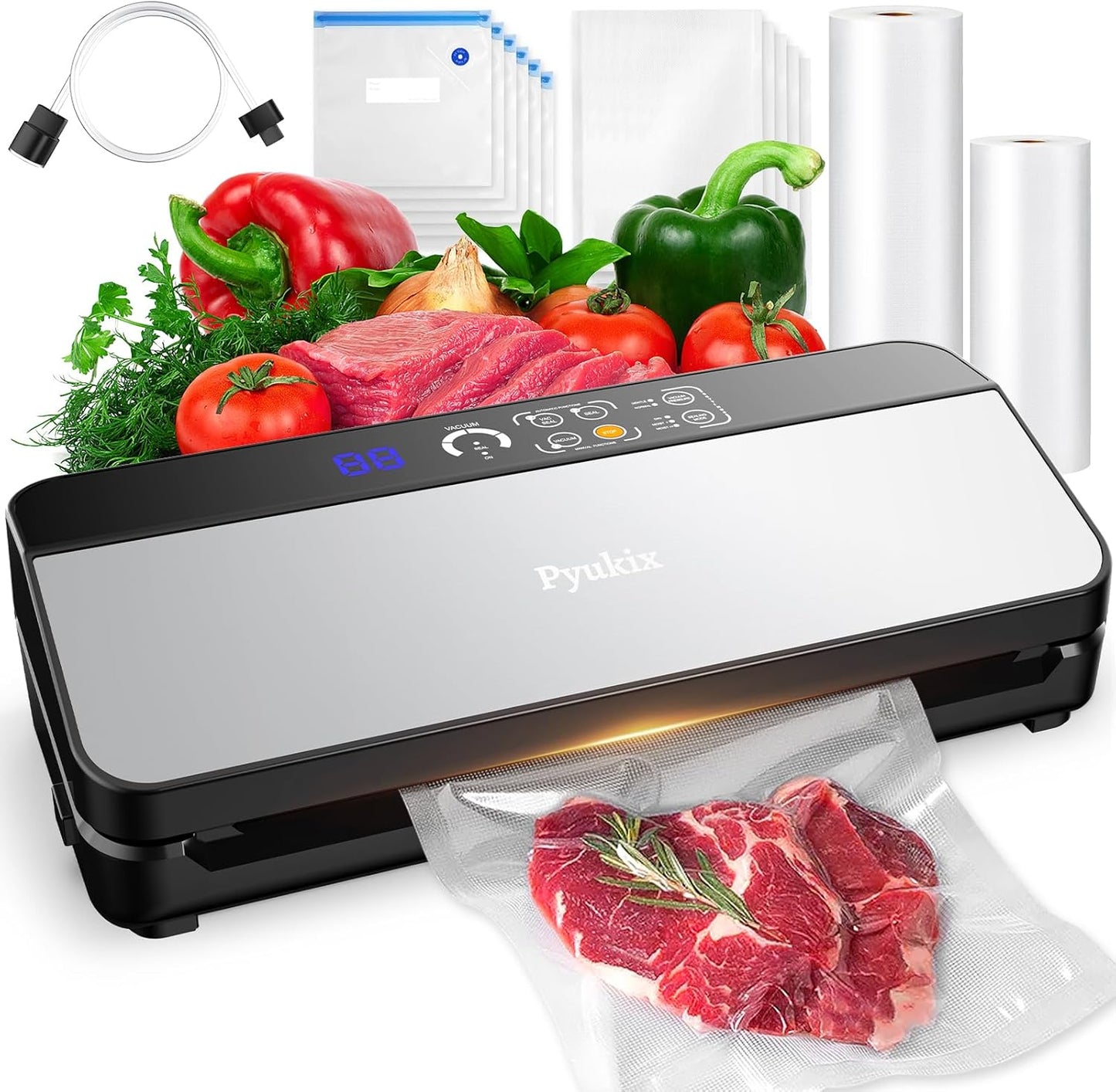 Vacuum Sealer Machine, Food Sealer Vaccum Sealers for Food 80KPA Automatic 8-IN-1 Sealing Dry\/Moist Mode with Build-in Cutter&Storage, Digital Countdown, Air Suction Hose, 2 Roll-Bags, 11 Vacuum Bags