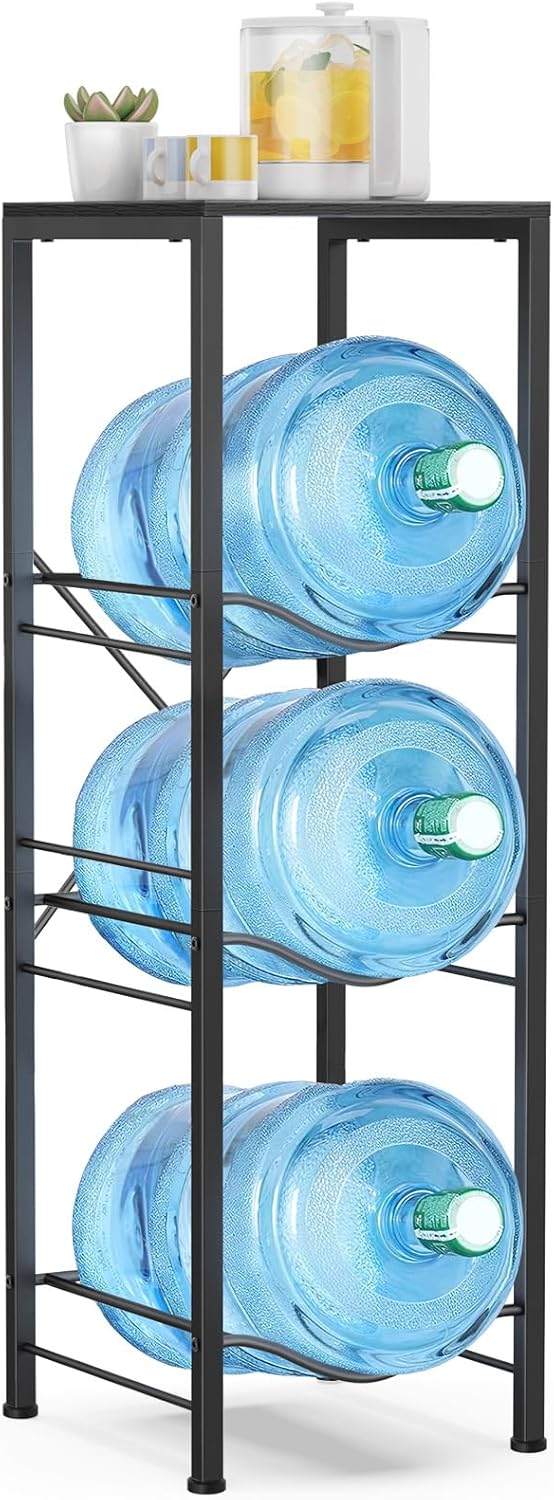 Housolution 3-tier 5 Gallon Water Jug Holder with Storage Shelf, Detachable 5 Gallon Water Bottle Holder, Water Bottle Organizer for Kitchen, Office, Living Room - Black