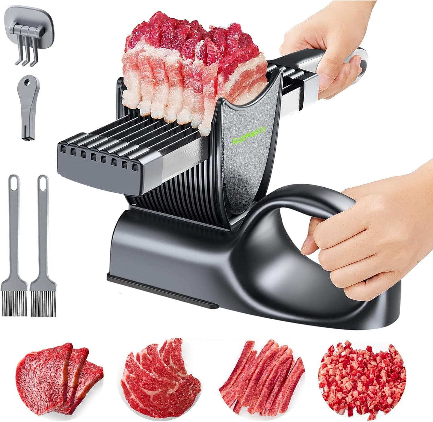 SupMaKin Fresh Meat Slicer, Thickness Adjustable 2 or 4 mm, 17 IN 1 Stainless Steel Manual Meat Cutter, Cleaver Kitchen Knife, Jerky Slicer Suit for Chicken Breast Beef Pork (With SteadyGrip)