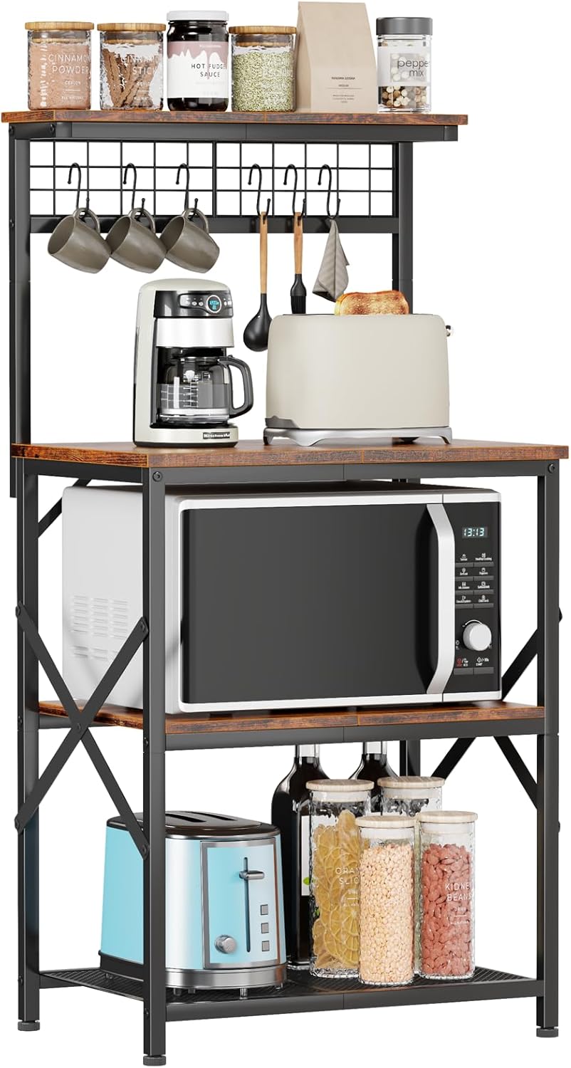 Furologee Kitchen Bakers Rack with Hutch, Coffee Bar Station 4 Tiers, Microwave Oven Stand with 6 S Hooks and Pegboard, Kitchen Microwave Rack for Spice Organizer Workstation, Rustic Brown