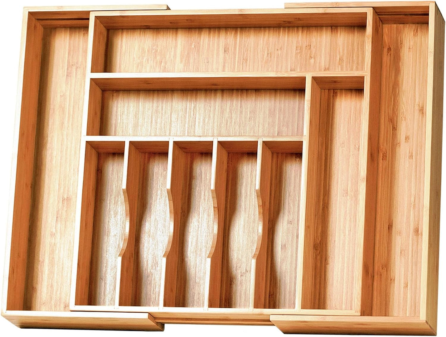 Umilife Extra Large Expandable Kitchen Siverware Utensils Drawer Organizer, 19" Deep for Big Drawer, Adjustable Bamboo Wood Drawer Divider with Curved Grooves, Cutlery Tray Flatware Holder