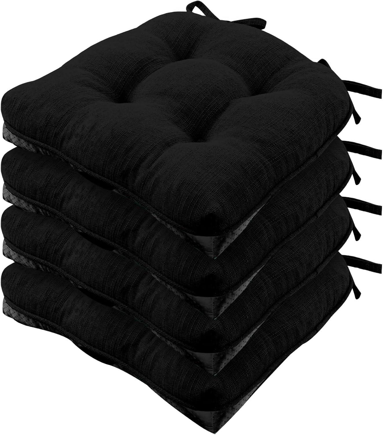 Wellsin Chair Cushions for Dining Chairs, Non-Slip Kitchen Chair Pads with Ties, Tufted Shredded Foam Kitchen Chair Cushions Set of 4, 15.5" X 15.5", Black