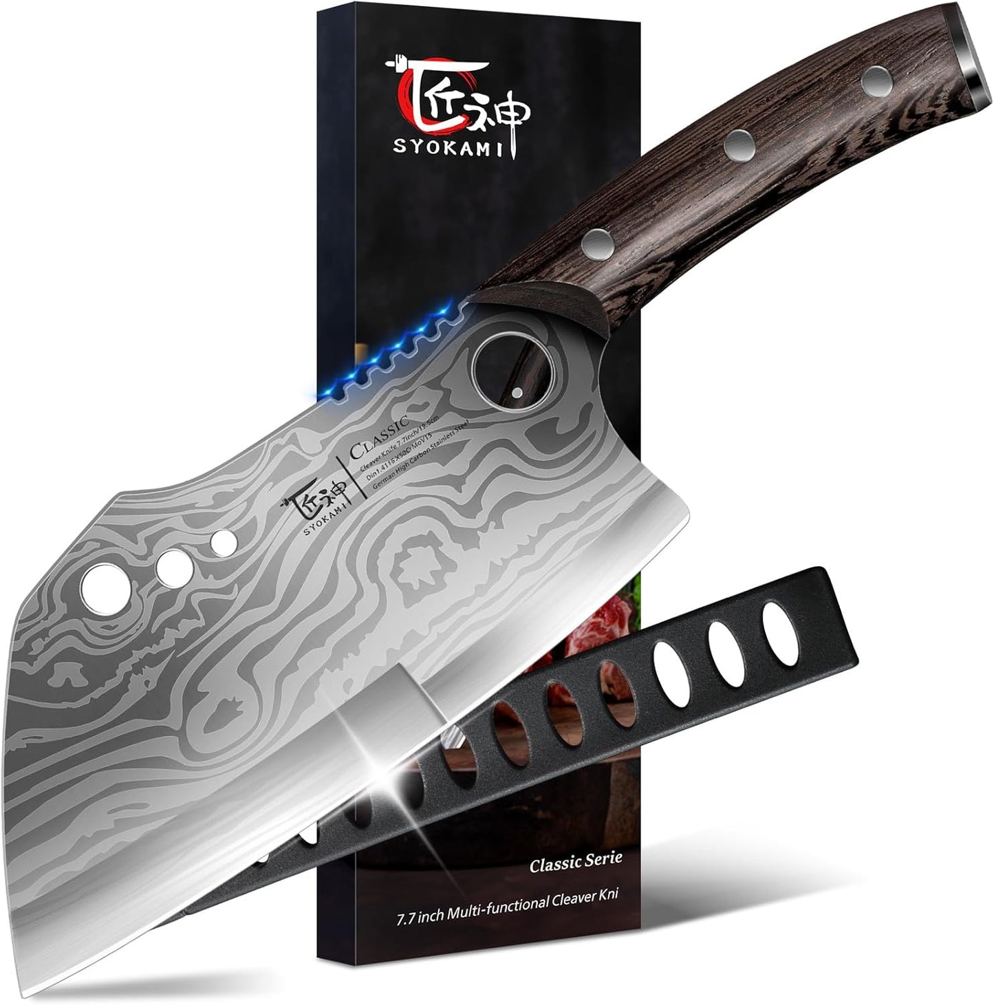 SYOKAMI Meat Cleaver Chef Knife with Sheath, 7.7 Inch Butcher Knife with Herb Stripper, Chopping Knife Heavy Duty Bone Cutting, Damascus Pattern Full Tang Wood Handle, Birthday Gift for Men