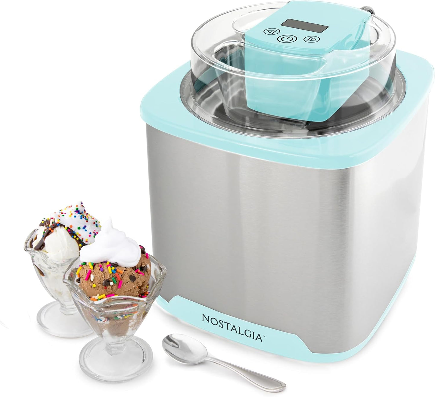 Nostalgia 2-Quart Electric Ice Cream Maker \u2013 Make Homemade Ice Cream, Gelato, Sorbet & Frozen Yogurt \u2013 No Salt\/Ice Needed, Digital Controls, Mix-In Chute & Freezing Gel Canister \u2013 Stainless & Aqua