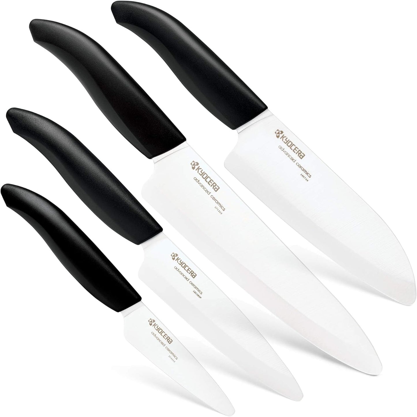 Kyocera\u2019s Revolution 4-Piece Ceramic Knife Set: Ceramic Chef Knife For Your Cooking Needs, 7" Chef's Santoku, 5.5" Santoku, 4.5" Utility & 3" Paring Knives, Black\/White