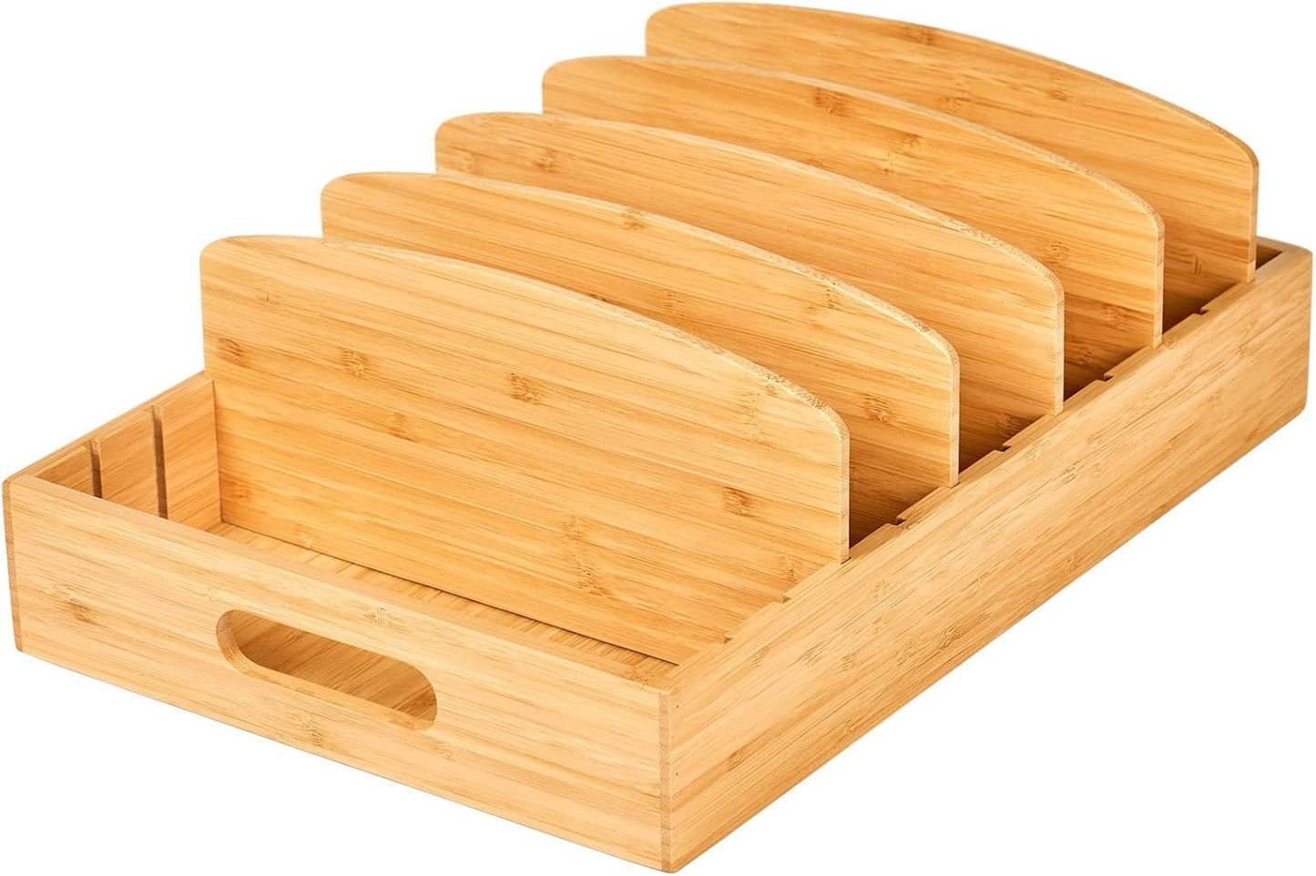 Umilife Large Food Container Lids Organizer for Kitchen Cabinet and Drawer, Bamboo Organizer with 5 Tall Adjustable Dividers, Plastic Lids Organization and Storage