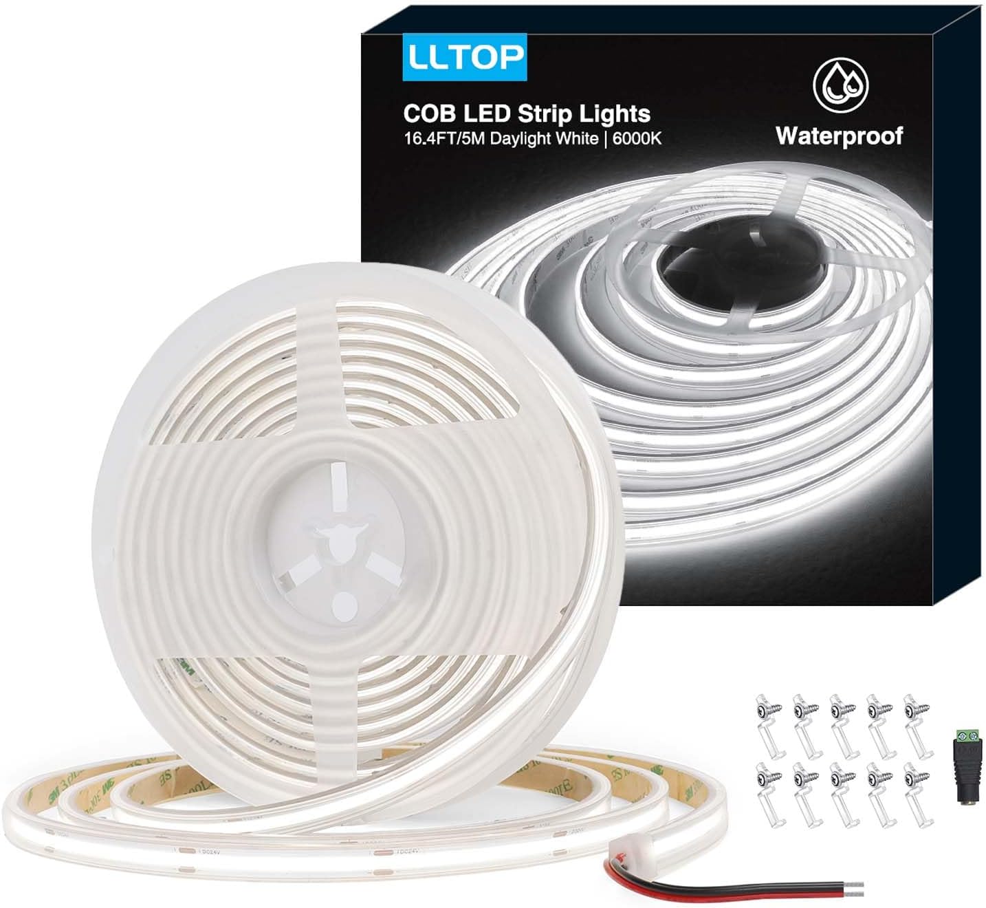 LLTOP COB LED Strip Lights Waterproof IP67 DC24v Daylight White 6000K 16.4ft\/5m High CRI 92Ra+ Outdoor LED Tape Lighting DIY Cuttable for Bedroom Kitchen Cabinet Shelf (Power Supply Not Included)