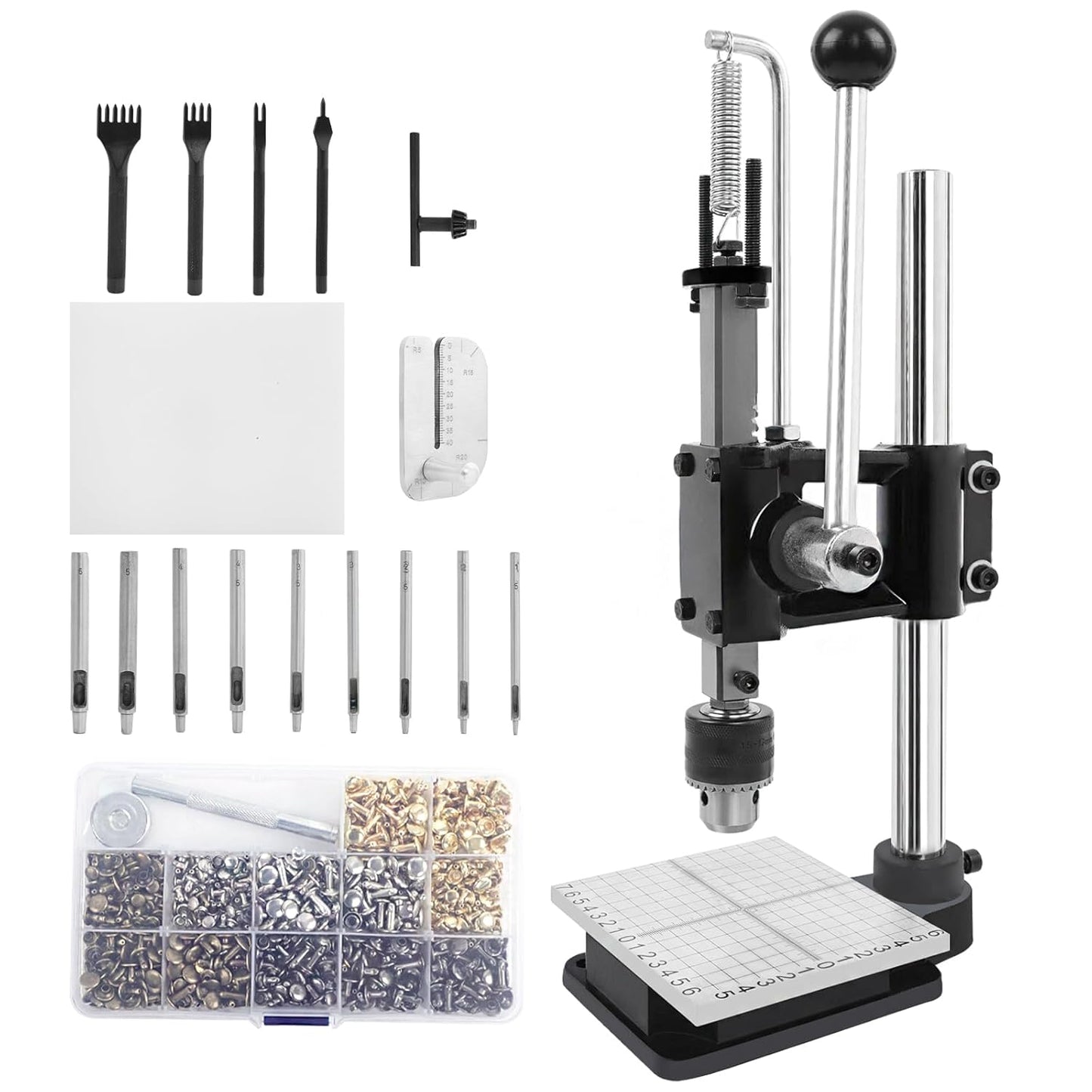 Leather Press Machine,Hole Puncher for DIY Leather Craft,Manual Press Punch Tools,with 9 Round Punches (1.5-6mm), 4 Stitching Prongs, 480 Rivets | Stainless Steel Pillar | Punch Puller