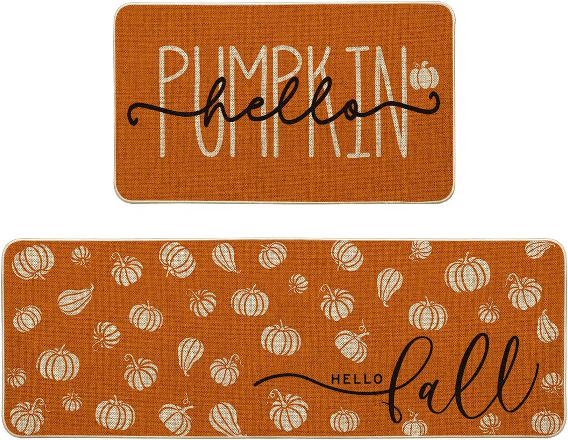Artoid Mode Orange Hello Pumpkin Fall Kitchen Mats Set of 2, Autumn Home Decor Low-Profile Kitchen Rugs for Floor - 17x29 and 17x47 Inch