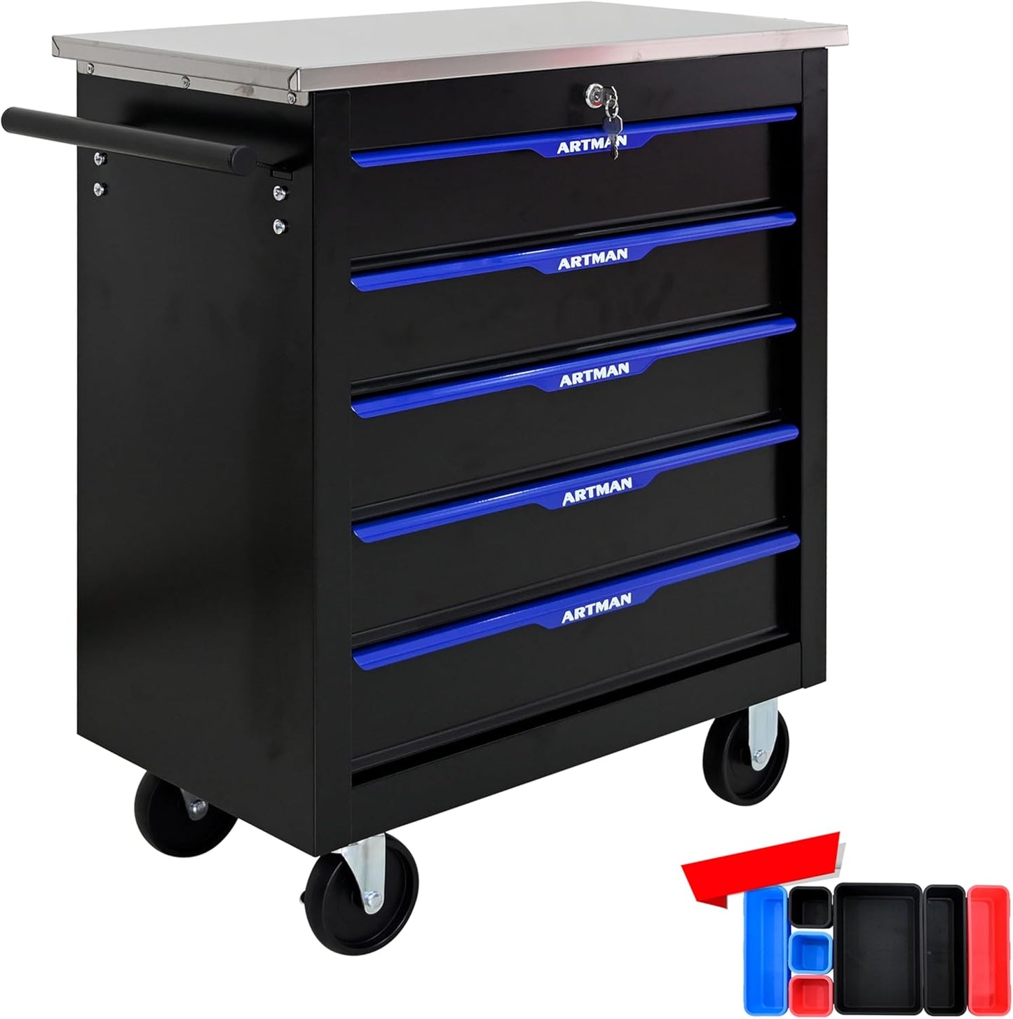 nifoti 5 Drawers Tool Cart on Wheels,Lockable Multifunctional Rolling Tool Chest with Storage Box,Drawers Rolling Tools Trolley Case for Garage,Warehouse, DIY Multiple Interconnectable(Black+Blue)