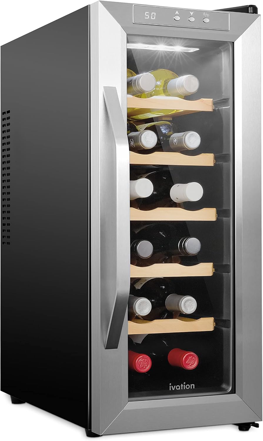 Ivation 12 Bottle Thermoelectric Wine Cooler/Chiller - Stainless Steel - Counter Top Red & White Wine Cellar w/Digital Temperature, Freestanding Refrigerator Smoked Glass Door Quiet Operation Fridge