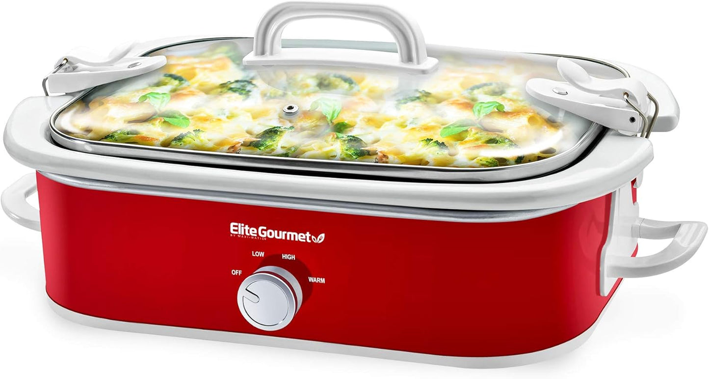 Elite Gourmet MST-5240 Casserole Crock Slow Cooker, Locking Lid Adjustable Temperature Keep Warm Oven & Dishwasher-Safe Casserole Pan, 3.5Qt Capacity, Red