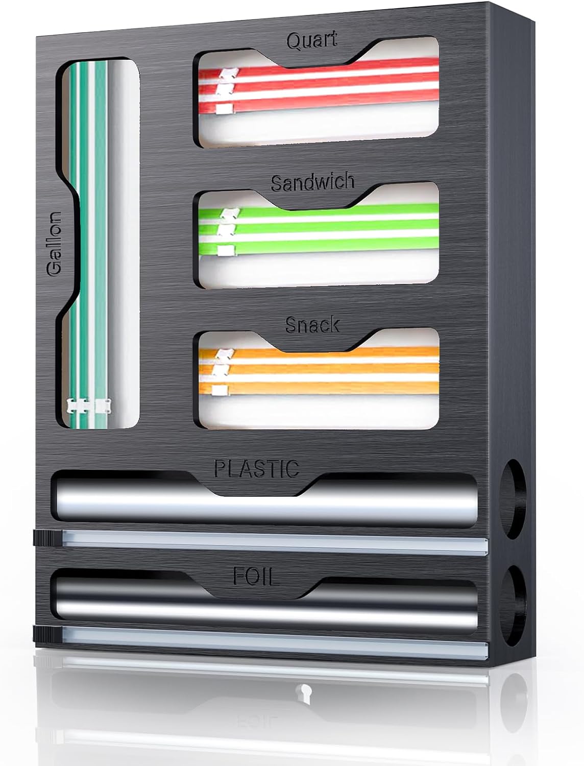 KOCWELL Bag Organizer & Plastic Wrap Dispenser with Cutter, 6 In 1 Bamboo Foil & Plastic Wrap Organizer for Kitchen, Food Storage Bag Organizer