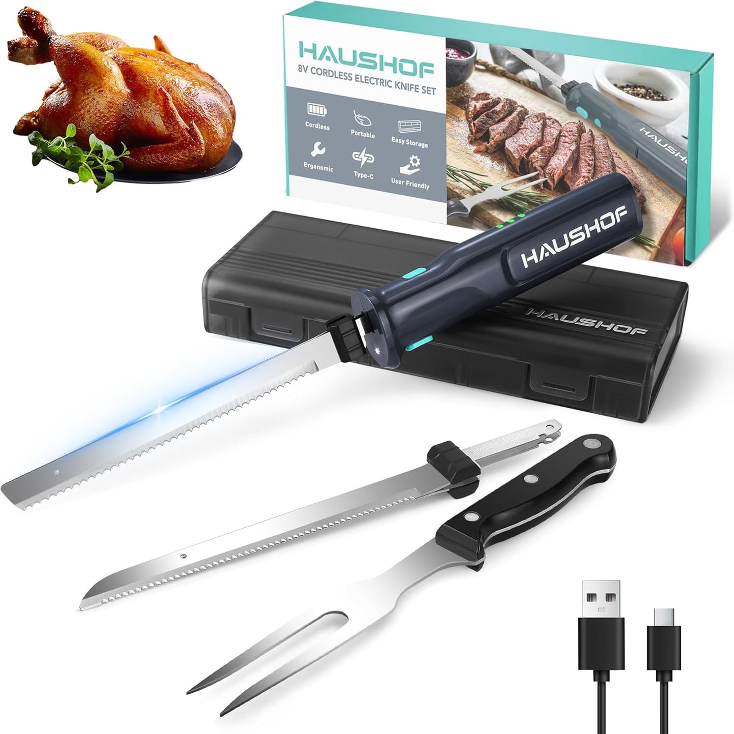 HAUSHOF Cordless Electric Knife Set for Meat Slicing, 8V Electric Carving Knife for Fish, Bread, Turkey, Rechargeable Meat Cutter with Reciprocating Stainless Steel Blades, Safety Lock & Storage Case