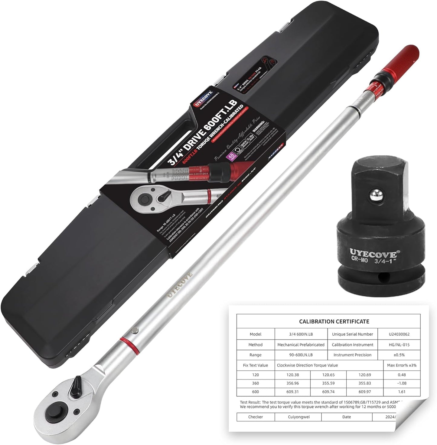 UYECOVE 3\/4 Inch Torque Wrench, 48 Tooth Torque Wrench 3\/4 Drive 100-600FT.LB\/135-815N.M with a Solid Storage Case