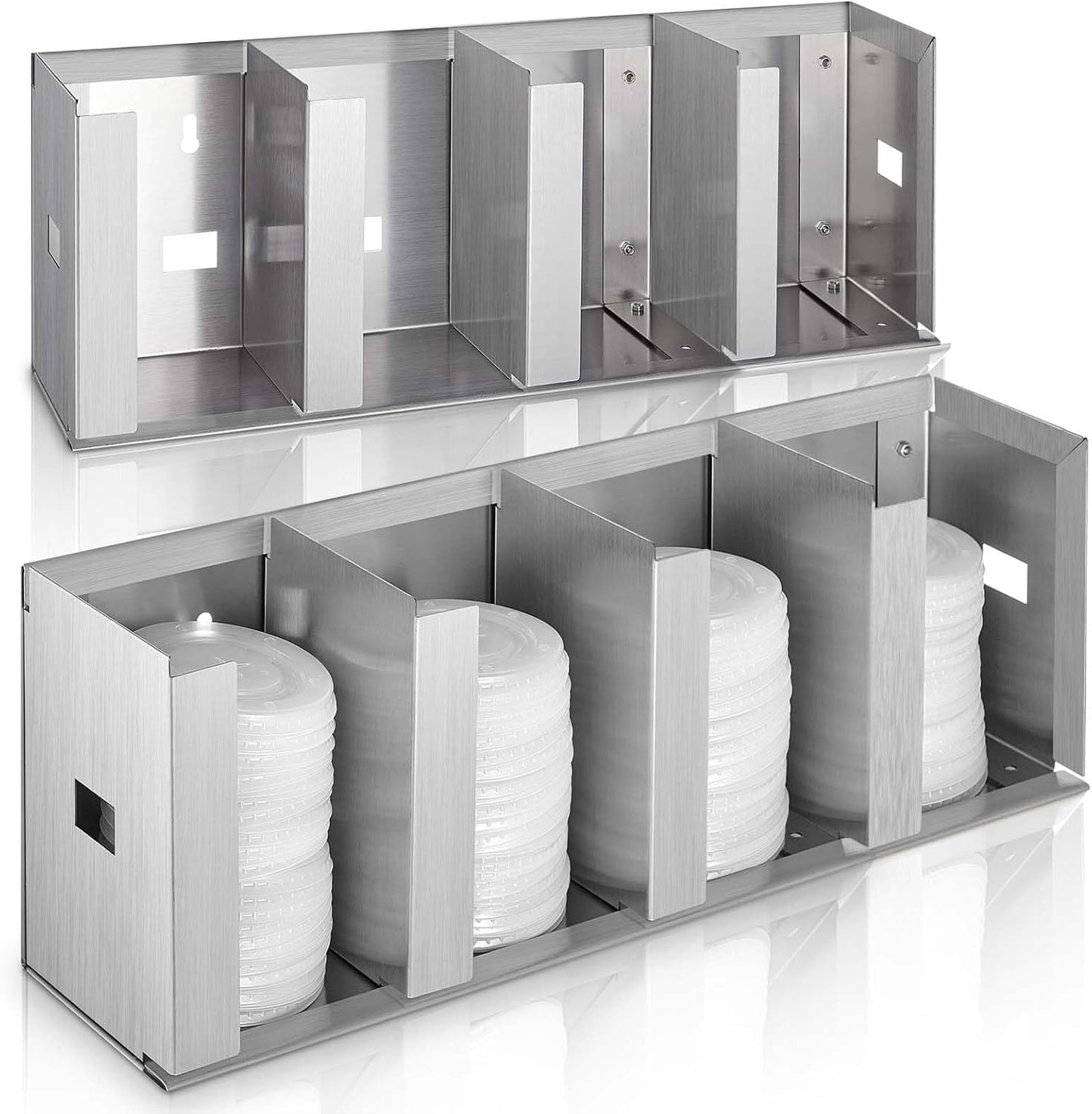 Hicarer 4 Compartments Stainless Steel Cup Dispenser with Adjustable Dividers Silver Cup and Lid Holder Lid Organizer Storage for Cabinet Kitchen Cafe Tea Shop Restaurant