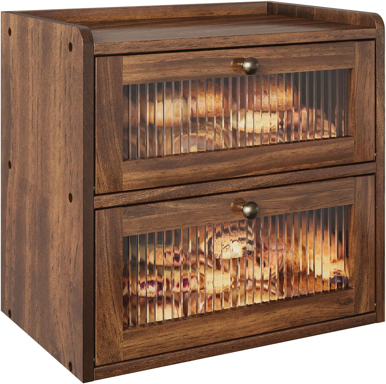 Alpeir Double Layer Large Bread Box for Kitchen Counter, Wooden Corner Bread Storage Container with Acrylic Window, Retro Brown
