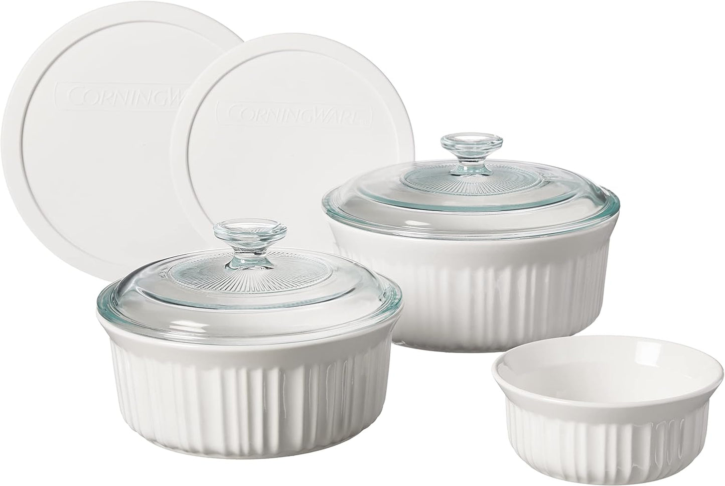 CorningWare French White 7-Pc Ceramic Bakeware Set with Lids Chip and Crack Resistant Stoneware Baking Dish, Microwave, Dishwasher, Oven, Freezer and Fridge Safe