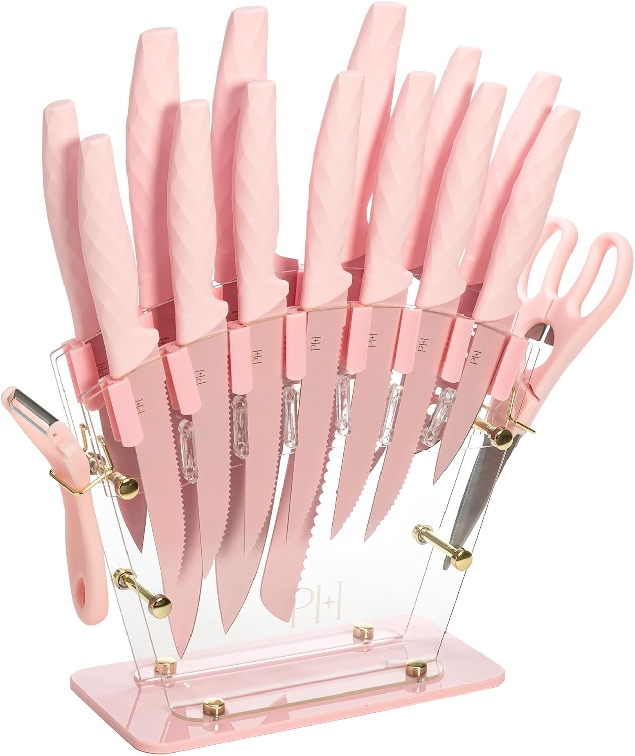 Paris Hilton Knife Block Set with Fan Style Clear Acrylic Knife Block, Premium Stainless Steel Blades with Nonstick Coating, Comfort Grip Handles, 16-Piece Set, Pink and Gold