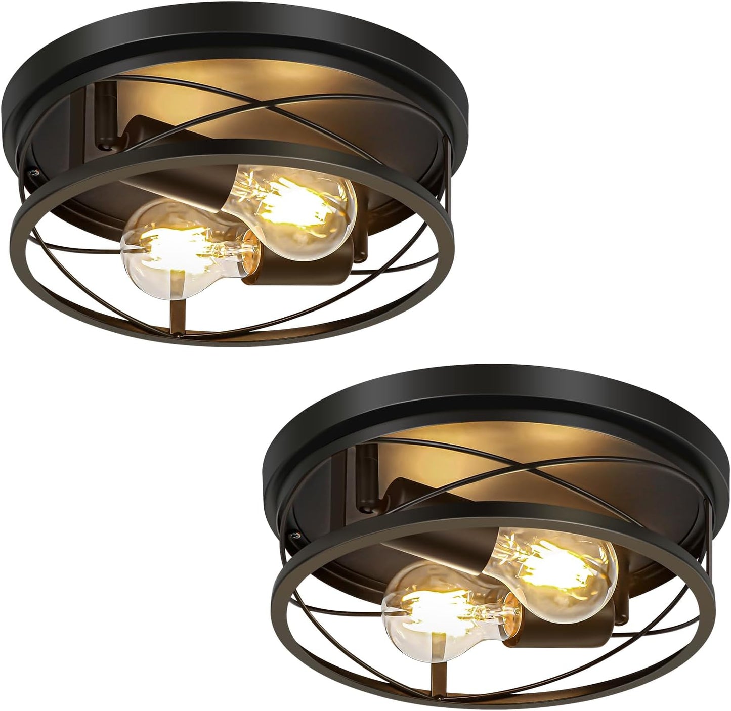VIOLOEMI Farmhouse Lights,Black Industrial 2 Pack Round Metal Flush Mount Hallway & Bedroom Ceiling Lamp, Kitchen Round Lights (Bulbs Not Included)